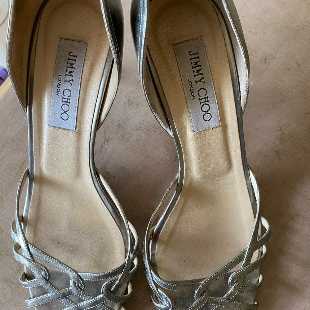 Jimmy Choo silver sandals with kitten heel